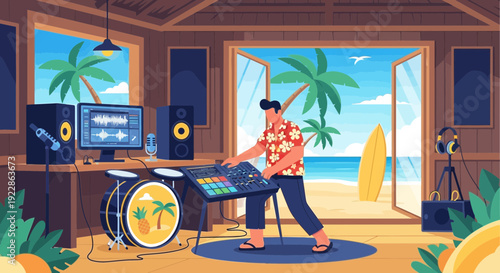 Musician creating tropical beats in a home studio.