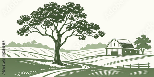 A serene rural landscape with a lone tree and a distant farmhouse