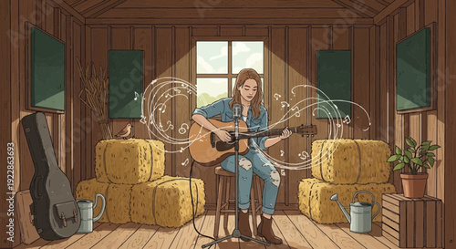 Musician playing acoustic guitar with passion and focus.