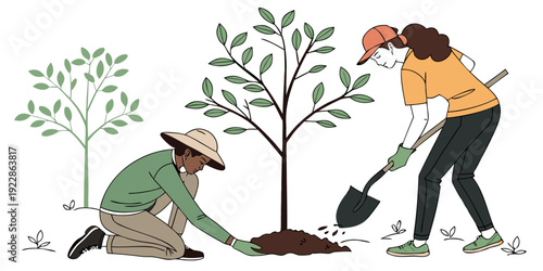 Community effort in planting a young tree together for environmental conservation.