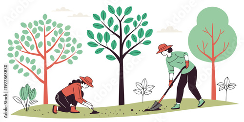 A serene park scene showcasing gardening and the changing seasons with trees and people.