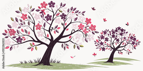 A serene illustration of blooming cherry blossom trees in a tranquil setting
