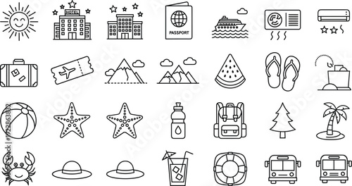 Summer travel and vacation icon set featuring hotel buildings, passport, cruise ship, beach accessories, mountains, starfish, sun, and outdoor tourism.