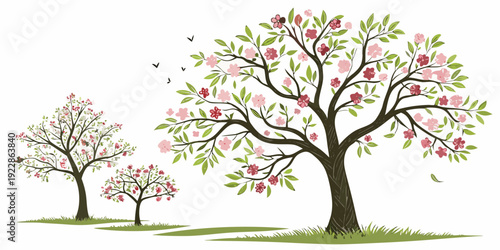 Three bare trees standing in a serene winter landscape under a subtle sky.