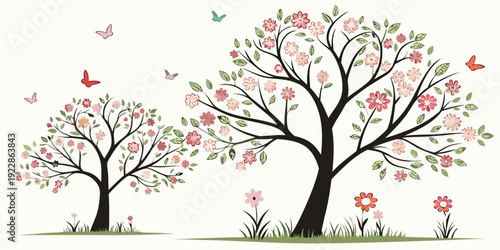 Four blooming cherry blossom trees against a soft sky backdrop