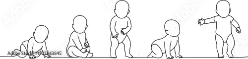 Black and white line of five babies in various crawling and standing positions baby infant infants
