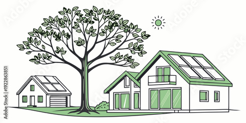 A suburban neighborhood with houses and a large tree under a blue sky