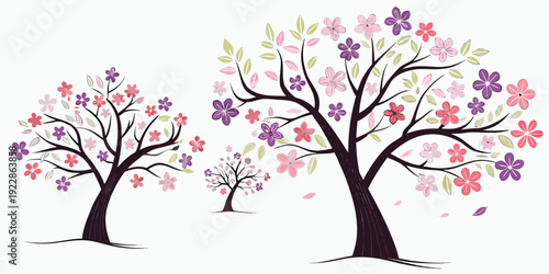 Two blooming cherry blossom trees standing side by side in a serene setting