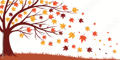 Autumn tree with falling leaves against a soft sky backdrop