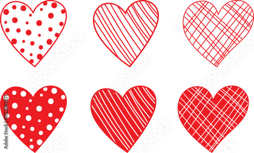 Red and white heart vector collection. Includes six hearts with polka dot, striped, and plaid patterns. Created in a flat, outlined, and filled style with a red and white color palette.