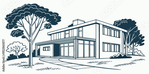 A minimalist sketch of a modern two-story residential house with a tree nearby