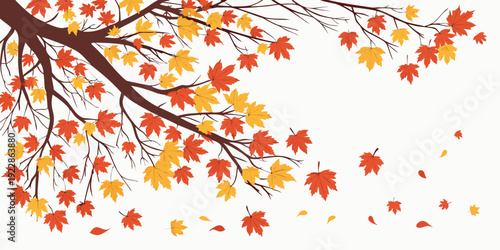 Autumn branches adorned with vibrant red and orange leaves against a white background