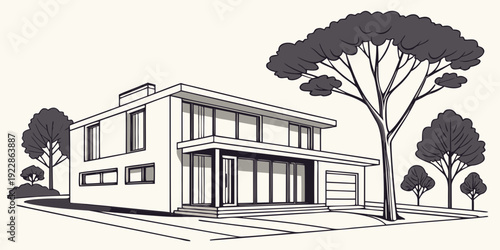 A modern two-story house surrounded by greenery and a tree in the background