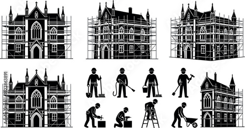 Vector illustration of construction workers and engineers renovating historical gothic church building with scaffolding set of silhouette icons for architecture restoration project