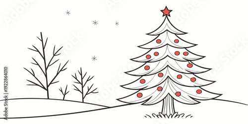 A whimsical illustration of a decorated christmas tree in a snowy winter landscape