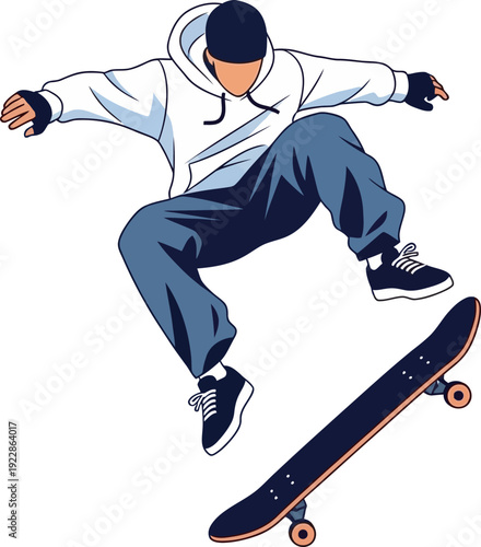 Flat vector illustration of a skateboarder in a white hoodie and blue joggers performing a high-air jump. Perfect for streetwear branding, skate shop logos, and urban lifestyle graphics.