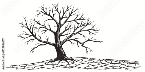 A solitary tree standing on a barren landscape with minimalistic detailing.