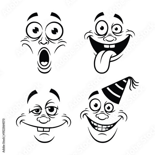 Stylized Funny Face Expressions and Comic Character Head Silhouettes

