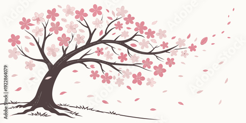 Graceful cherry blossom tree adorned with delicate pink flowers against a soft background