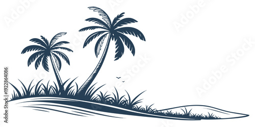 Tranquil tropical island with two palm trees and calm waves