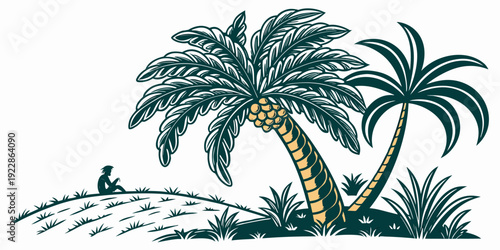 Tranquil tropical scene featuring palm trees along a serene beach coastline