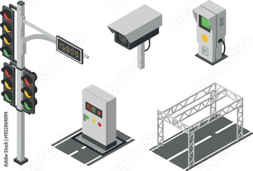 Traffic management infrastructure components including signal, camera, control panel, and gantry displayed in a clean illustration