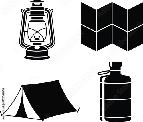 Camping essential icons: vintage kerosene lantern, folded map, A-frame tent, and a large water canteen, ready for outdoor adventures.