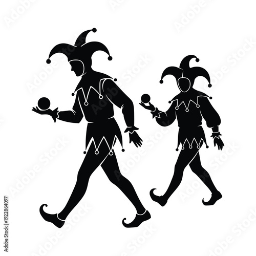 Silhouette of Medieval Jesters in Walking Poses for Carnival Theme
