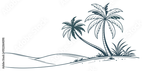 Two palm trees standing beside a serene sandy beach landscape