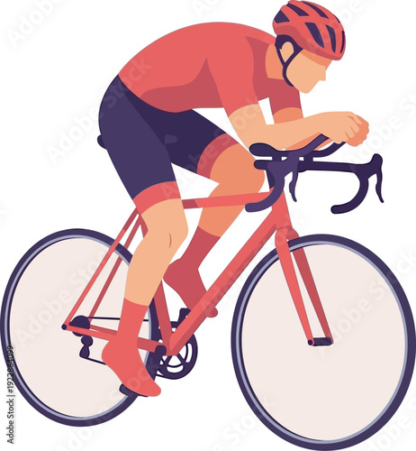 Flat vector art of a professional cyclist in a red jersey and helmet racing on a sleek road bike. Ideal for triathlon branding, cycling gear marketing, and athletic lifestyle graphics.