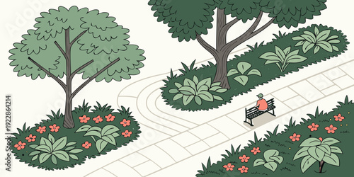 A serene landscape featuring diverse trees and a small water body with a lone figure