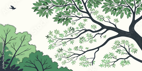 A serene illustration of a tree with lush green foliage against a light background.