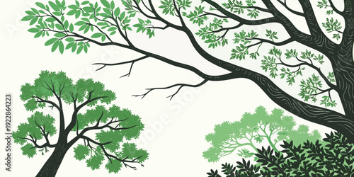 Whimsical depiction of trees swaying gently in a serene natural landscape