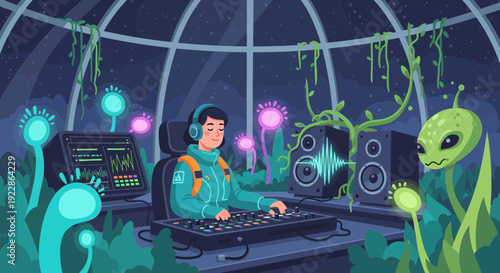 Person wearing headphones creating music in a futuristic studio.