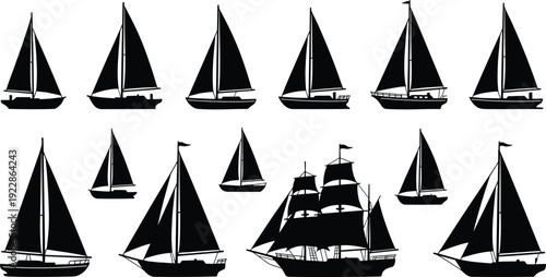 Sailboat Silhouette Collection, Classic Yacht and Sailing Ship Icons Set, Black Isolated Vector Illustration for Nautical, Marine and Ocean Travel Design