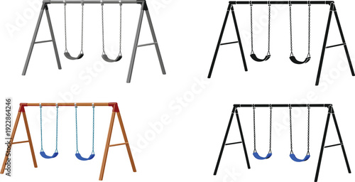 Set of playground swing set illustrations including flat color and black silhouette icons for backyard recreation and park equipment design
