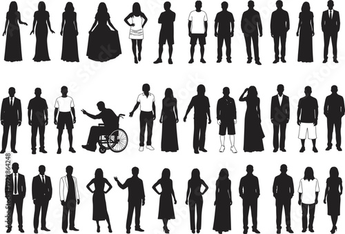 Thirty‑five black silhouettes of diverse people in various poses, clothing styles, and activities including wheelchair use, arranged in rows, isolated on white background for 