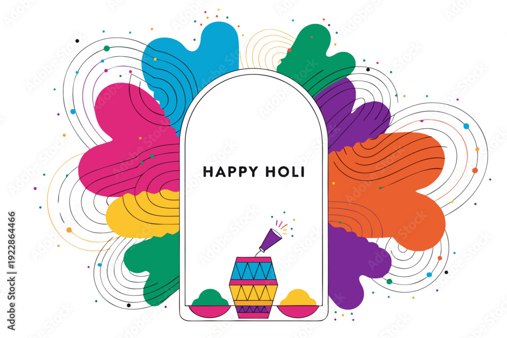 Fototapeta premium A vibrant and colorful illustration celebrating Holi with a traditional pot and powder