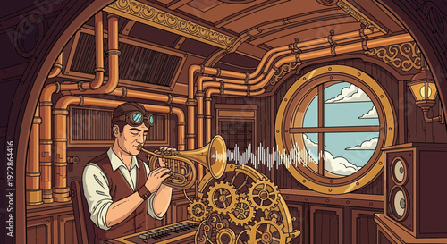 Steampunk musician playing a brass instrument in a fantastical airship cabin.