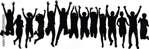 Black silhouettes of people jumping with arms raised white background celebration