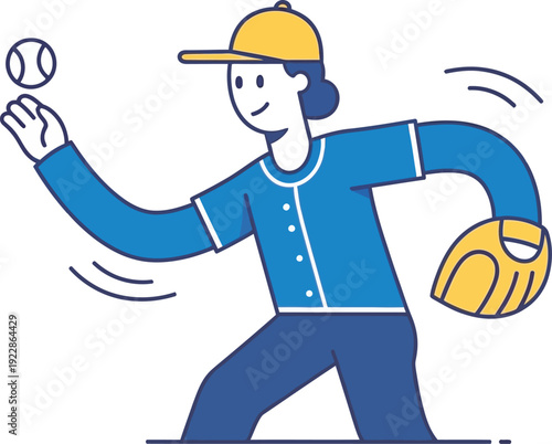 Flat vector art of a smiling baseball player in a blue jersey and yellow cap tossing a ball. Ideal for youth sports branding, team logos, and friendly athletic graphic designs.