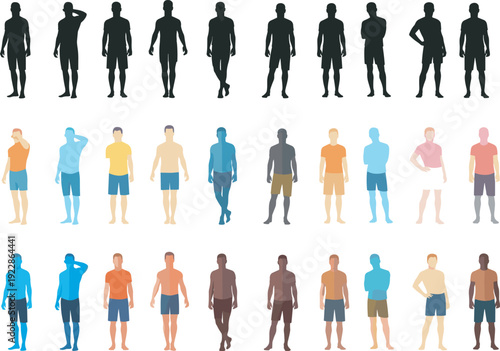 Twenty‑four male silhouettes in varied standing poses, arranged in rows with different colors and styles, isolated on white background for posture and character design concepts.