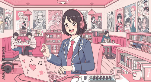 Smiling anime girl in school uniform with headphones using laptop and music mixer.