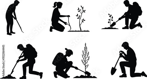 Gardening silhouettes with planting, digging, tools, environmental care, outdoor work, soil cultivation, and nature illustration