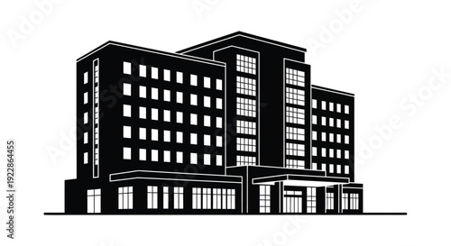 Black and white illustration of a modern multi story building facade