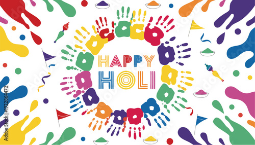 A vibrant and colorful illustration celebrating Holi, the Hindu festival of colors, with handprints and paint splatters