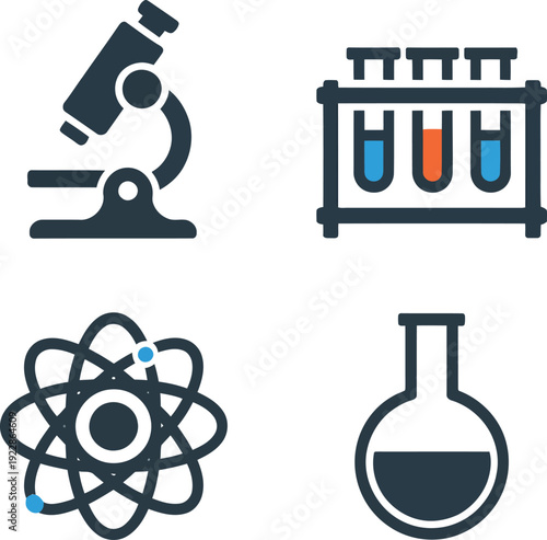 Colorful science icons depicting a microscope, test tubes with colored liquids, an atom model, and a chemical flask, symbolizing scientific discovery.