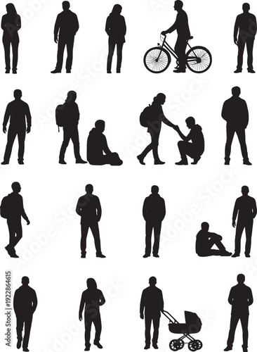 Twenty black silhouettes of people in various activities including standing, walking, sitting, cycling, and pushing strollers, isolated on white background for posture and design concepts.