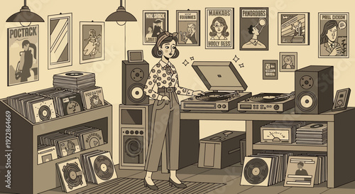 Woman enjoying music in a vintage record store.