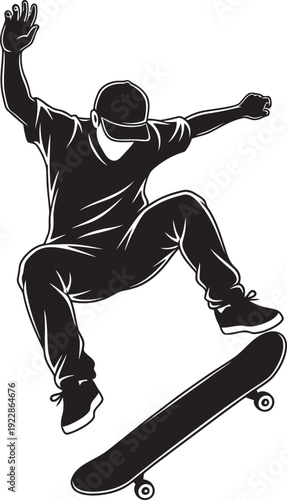 Dynamic black silhouette of a skateboarder in a cap performing a high-air jump with one hand raised. Ideal for skate shop branding, extreme sports logos, and urban lifestyle graphics.